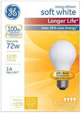 GE Lighting 70284 72W Soft White Long Life Halogen Bulbs - 4 Pack
