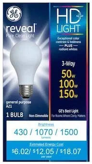 GE 64594 Reveal 150-Watt 3-Way A21 Bulb