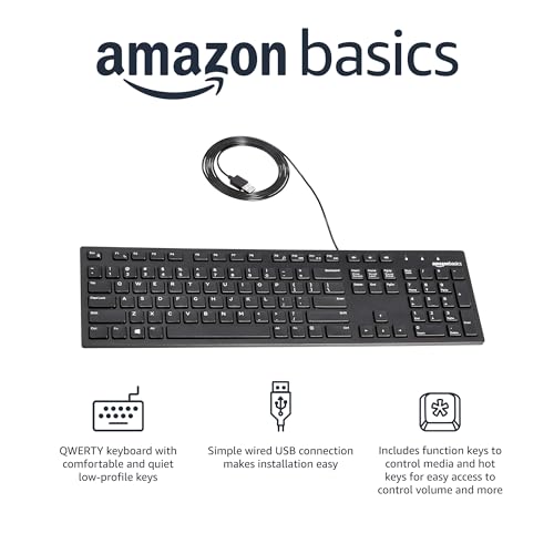 Amazon Basics Full-Sized Wired QWERTY Keyboard with Media Controls — main product image