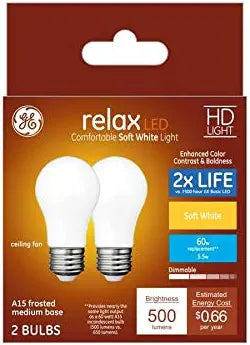 GE Relax LED A15 Light Bulbs - 60W Equivalent, Dimmable 2-Pack