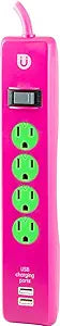 GE 25118 Uber 4 Outlet Power Strip USB Pink Green — main product image
