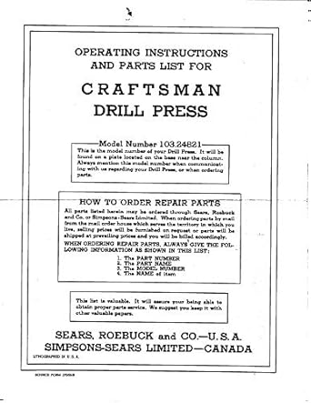 Misc 1956 Craftsman 103.24821 Drill Press Instructions Reprint