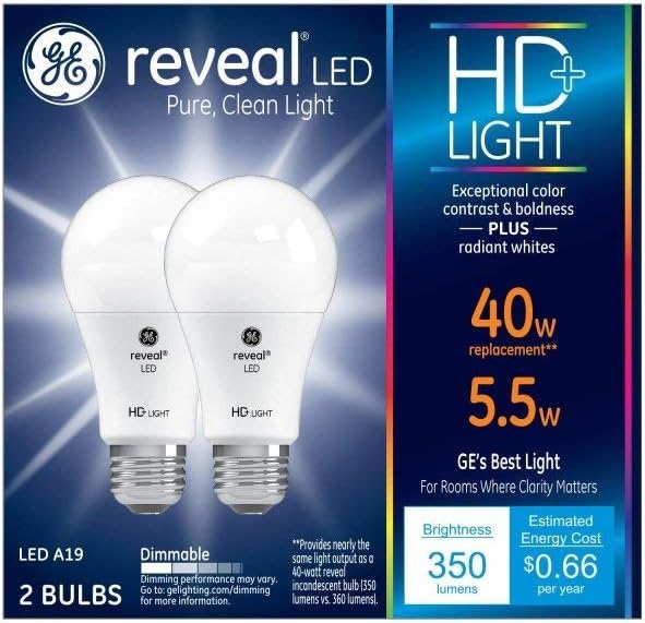 GE 22591 Reveal HD+ 40-Watt LED Light Bulbs, 2 Pack
