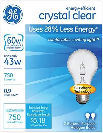 GE 78796-78796 Halogen Light Bulbs A19 43-Watt 2-Pack