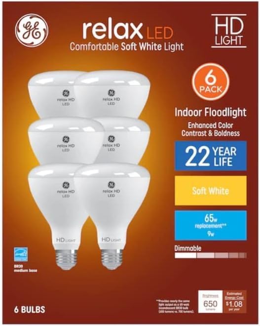 GE 41425 Relax 6-Pack BR30 LED Bulb - 65W Equivalent