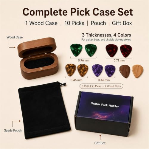 yinyess Wooden Guitar Pick Case with 10-Pick Assortment — main product image