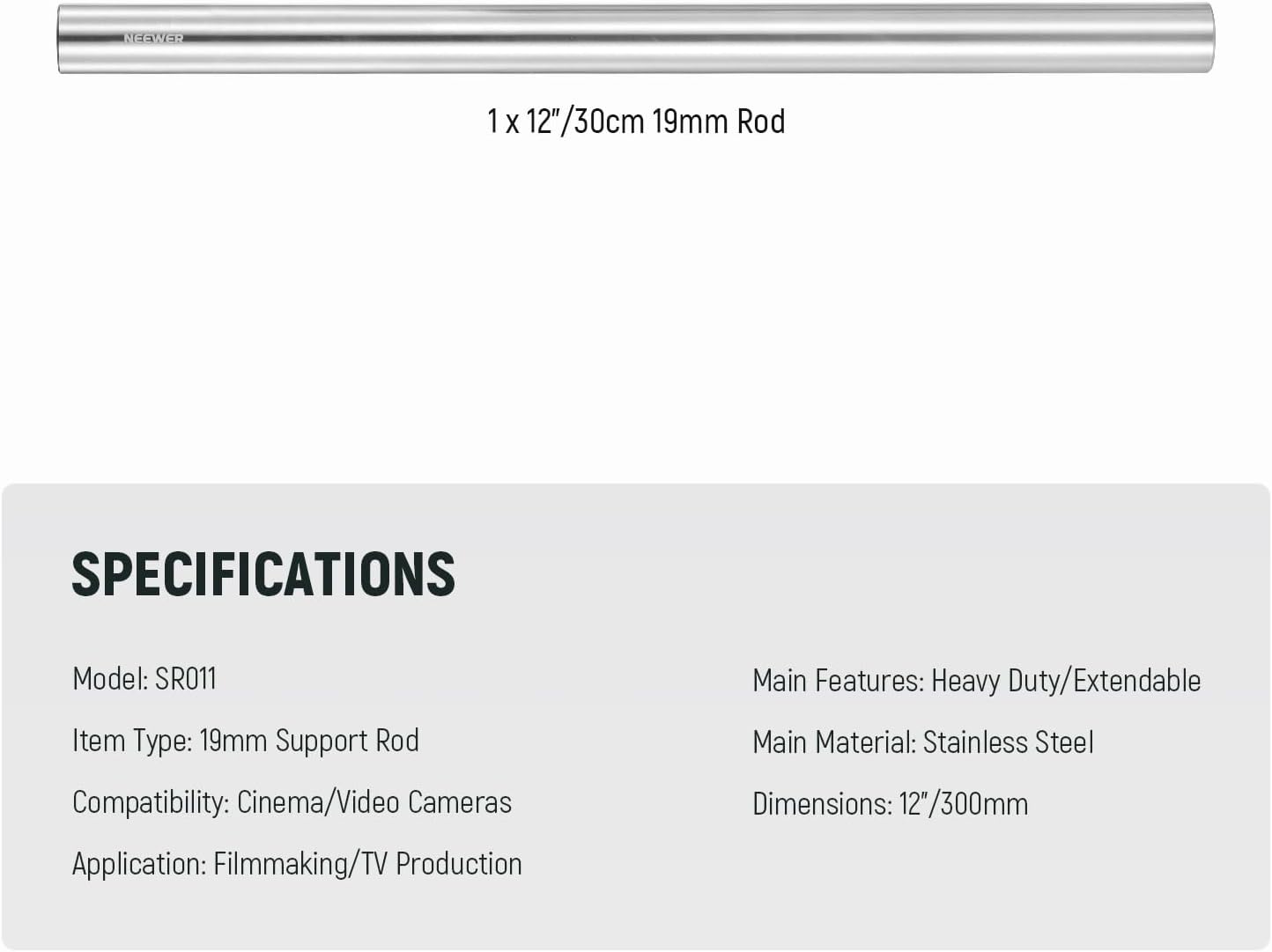 Neewer SR011 Heavy Duty 19mm Camera Support Rod 12-inch