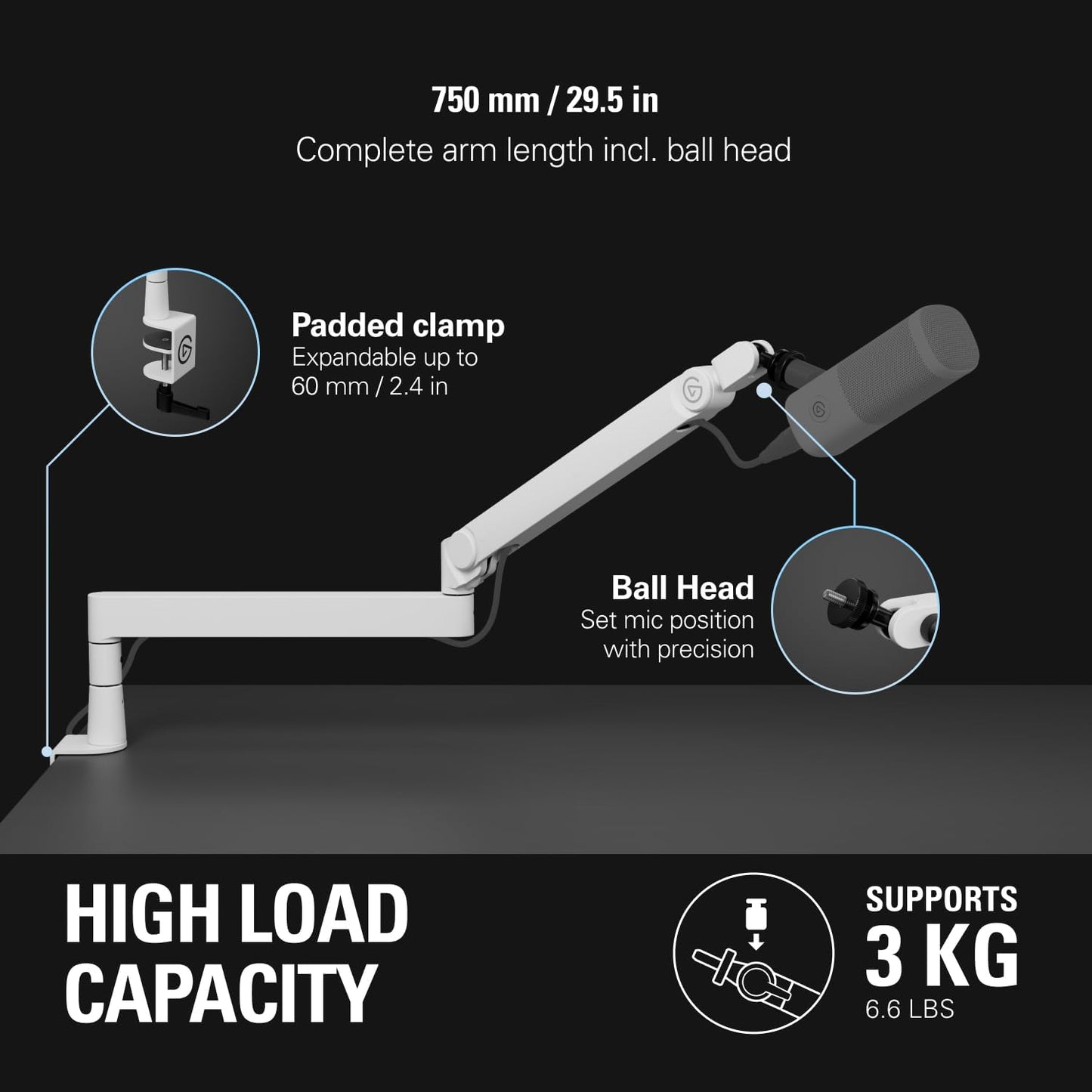 Elgato 20AAT9911 Wave Mic Arm Pro White Low Profile