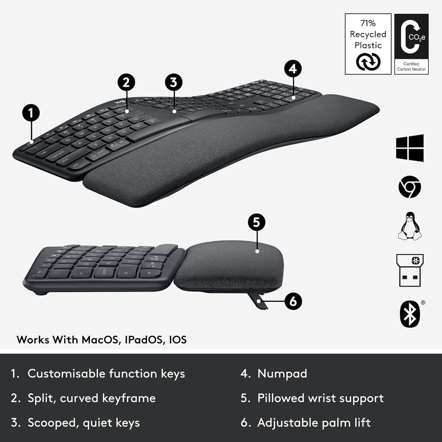 Logitech 920-009166-cr Ergo K860 Wireless Ergonomic Keyboard (Renewed)
