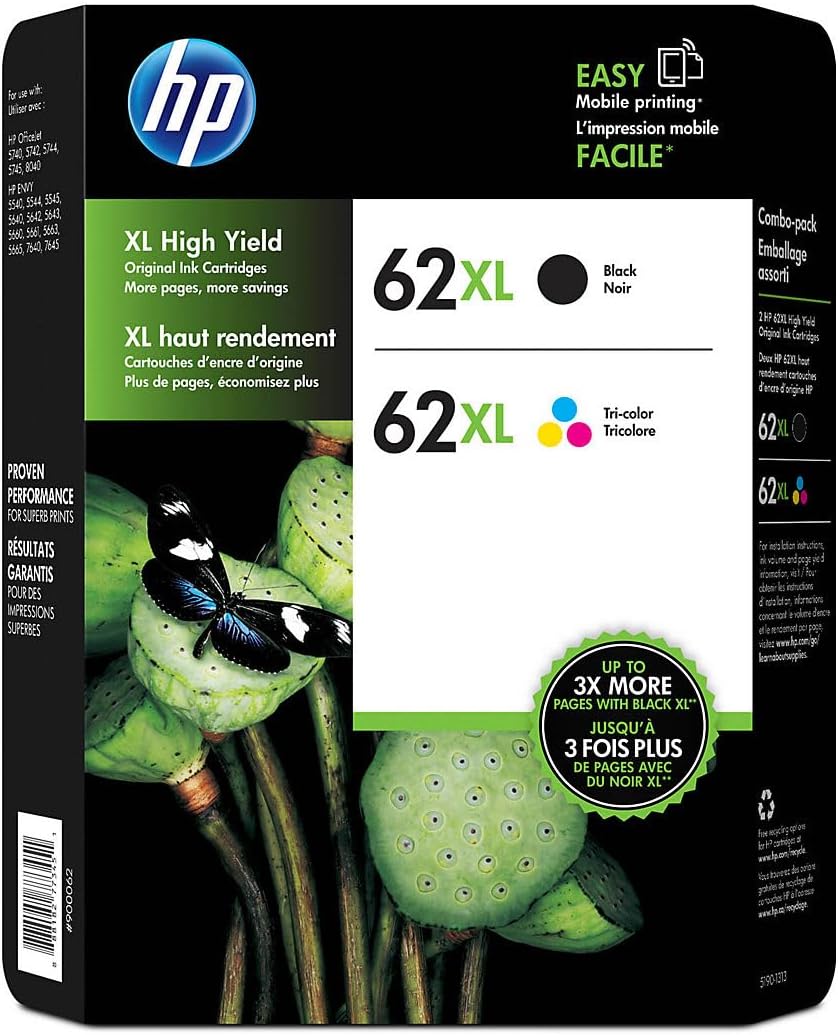 HP 62XL High Yield Black Tri-Color Ink Cartridges