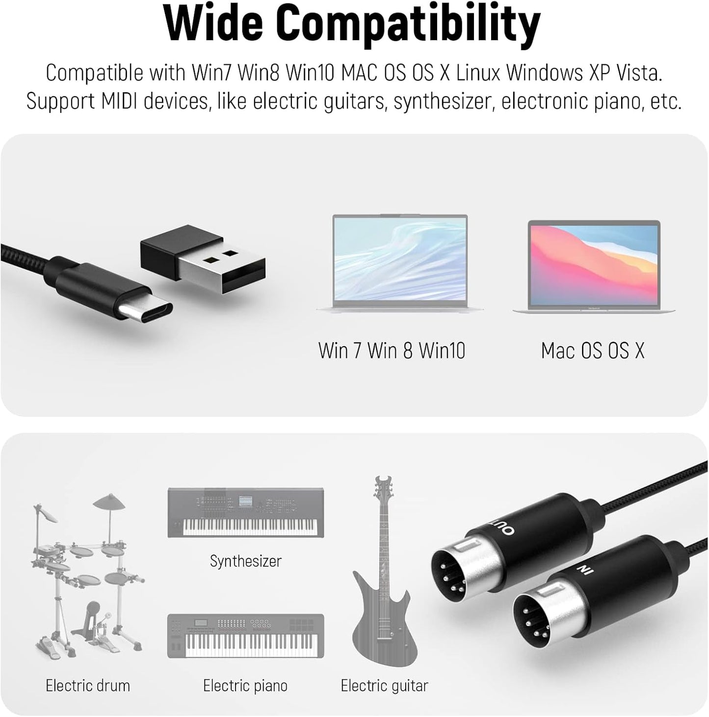 Neewer 21000038 USB-C MIDI Cable - Keyboard/Synthesizer Adapter