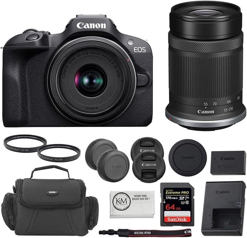 Canon EOS R100 Mirrorless Camera 18-45mm 55-210mm Lens Bundle — main product image