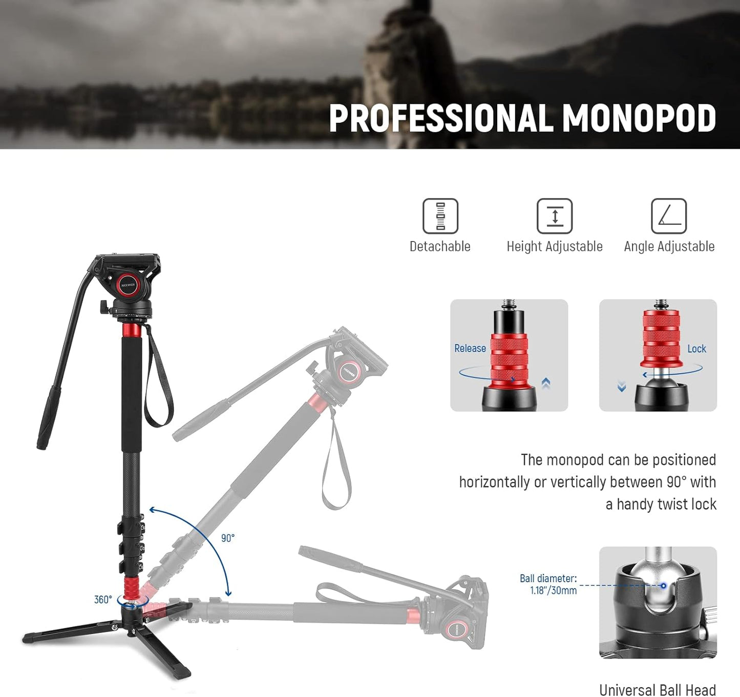 NEEWER 10101921 Pro Camera Monopod with Fluid Head