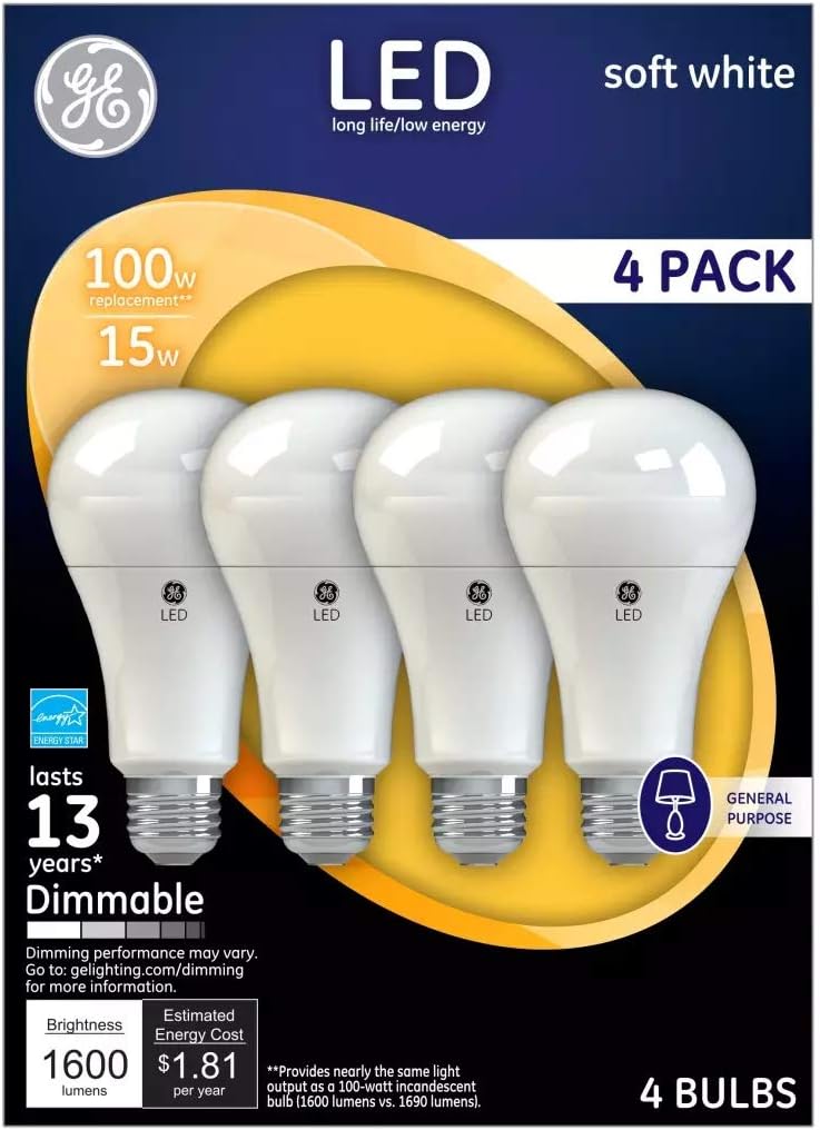 GE Soft White 100W Replacement LED A19 Light Bulbs 4-Pack