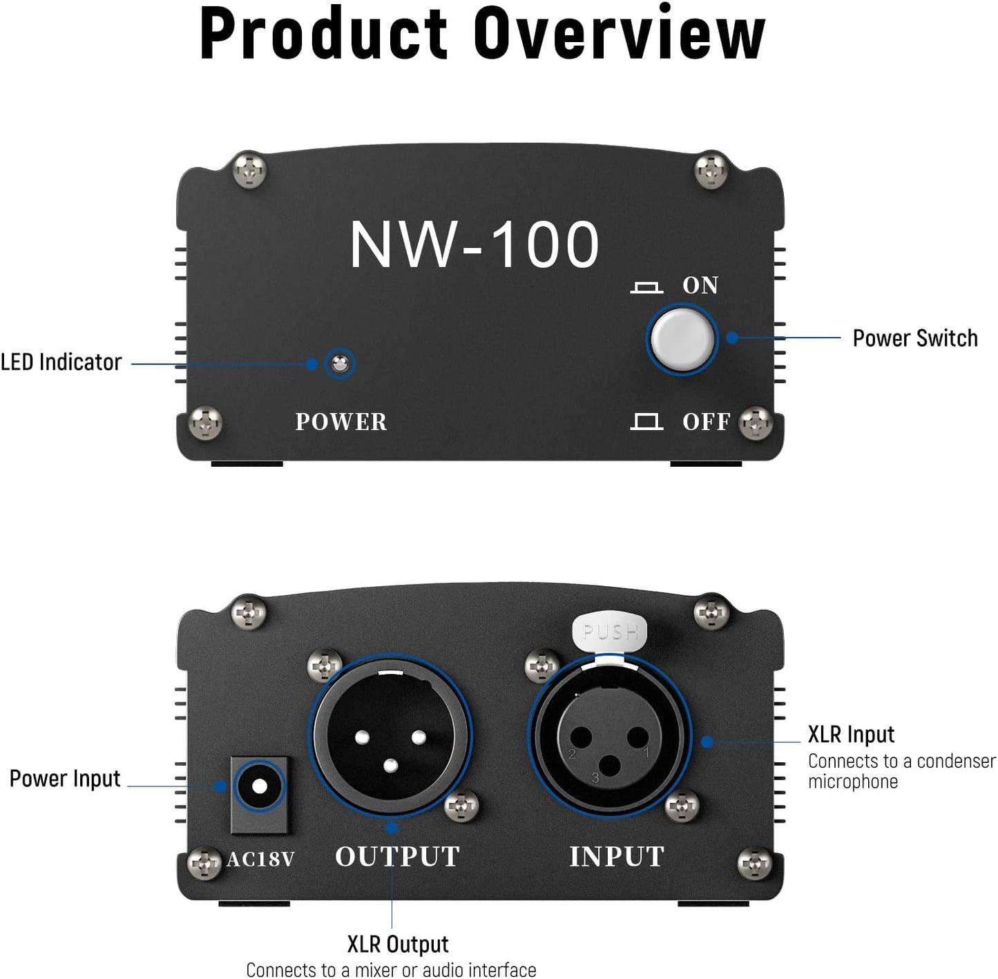 Neewer 40085860 48V Phantom Power Supply + XLR Cable for Condenser Microphones