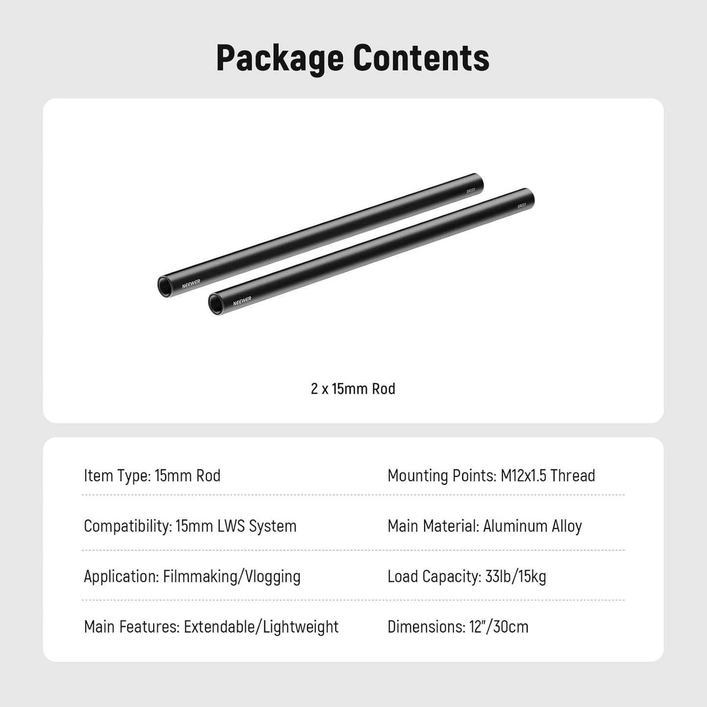 Neewer 10104676 15mm Rods 12"/30cm Extension 2-Pack