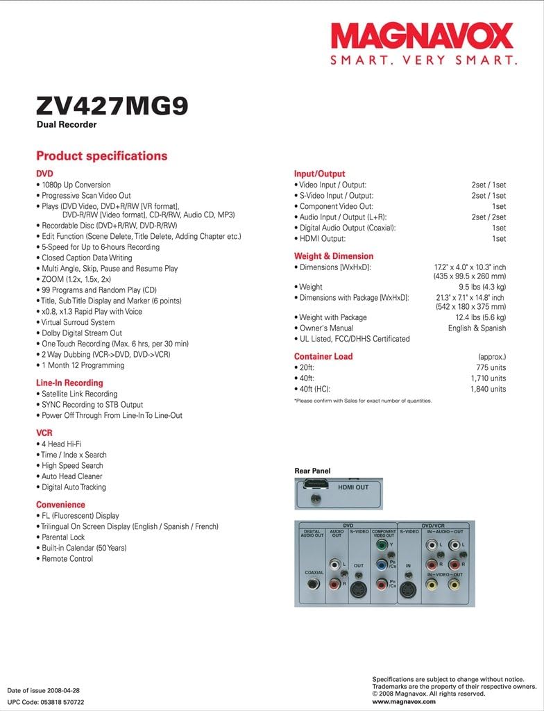 Magnavox ZV427MG9 DVD Recorder VCR Combo HDMI