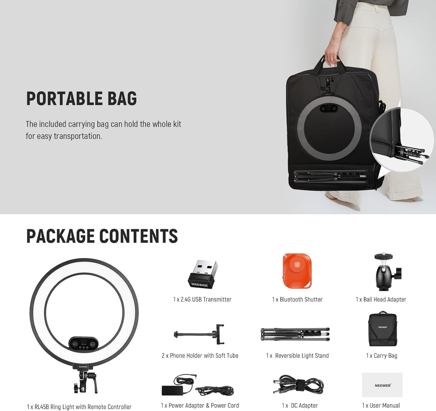 Neewer RL45B 18" Edge Lit Dimmable Ring Light Kit