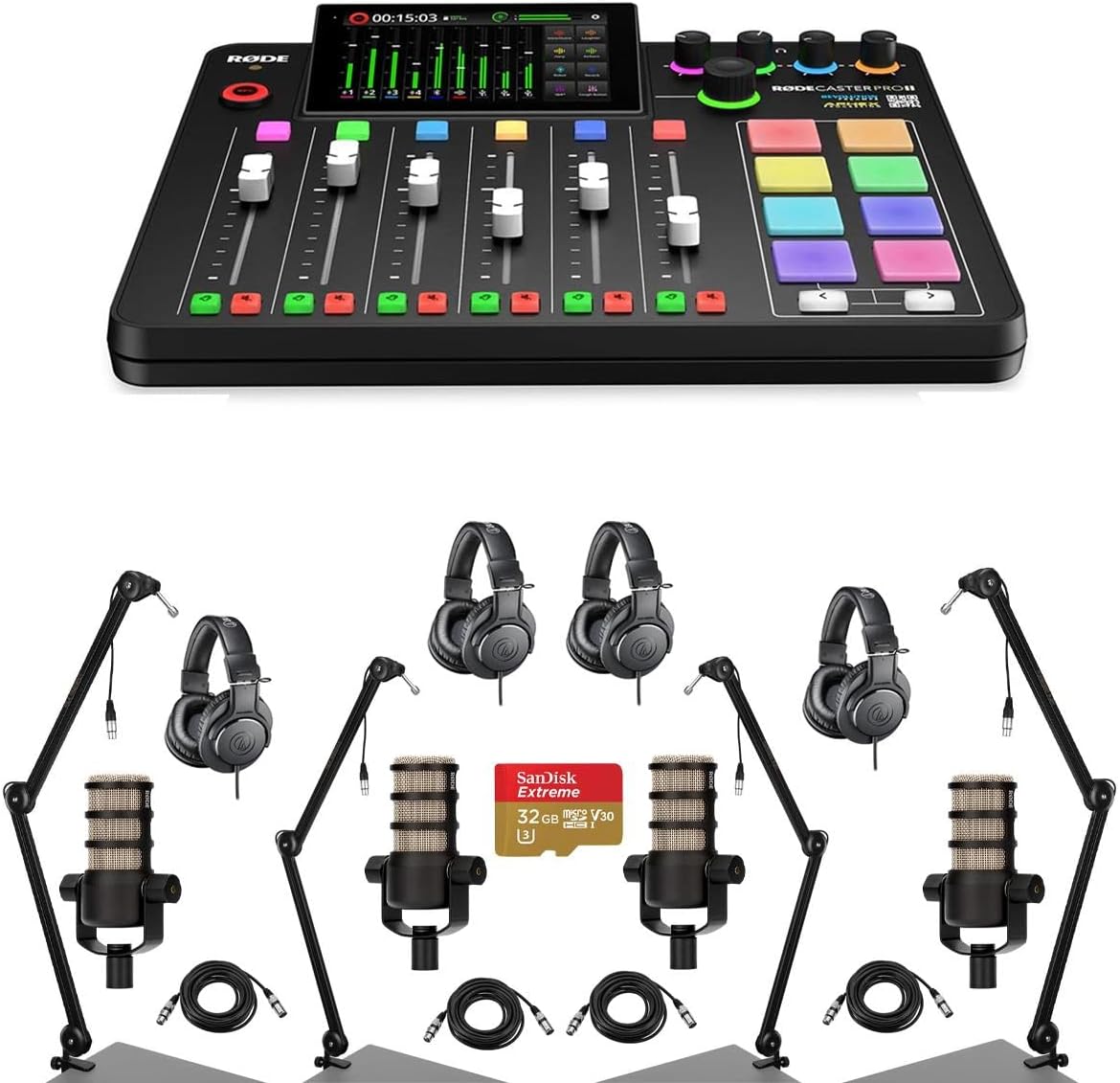 Rode RODECaster Pro II Podcast Bundle: PodMics, Headphones, Arms, Cables