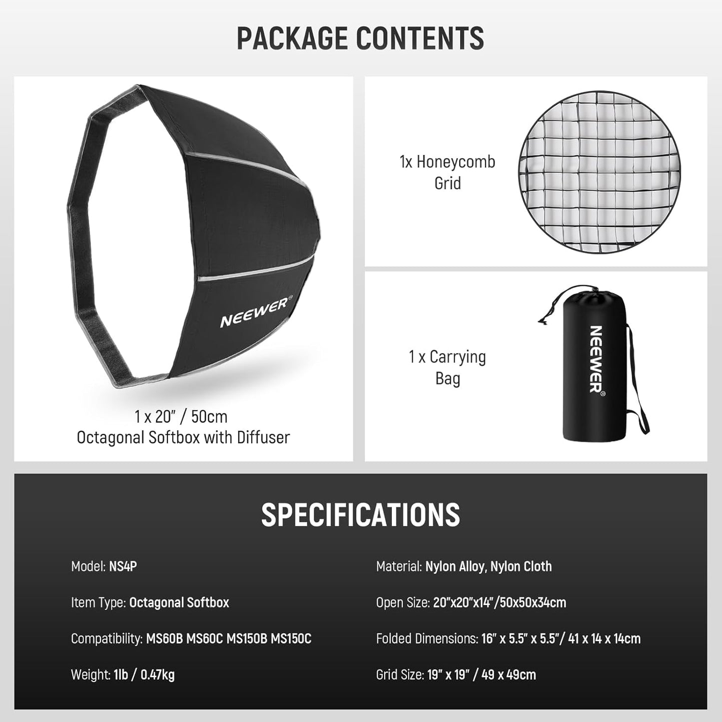 Neewer NS4P 50cm Octagonal Softbox with Grid