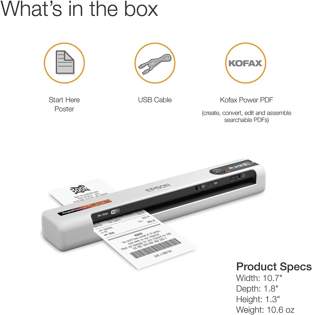 Epson B11B253205 RapidReceipt RR-70W Mobile Scanner