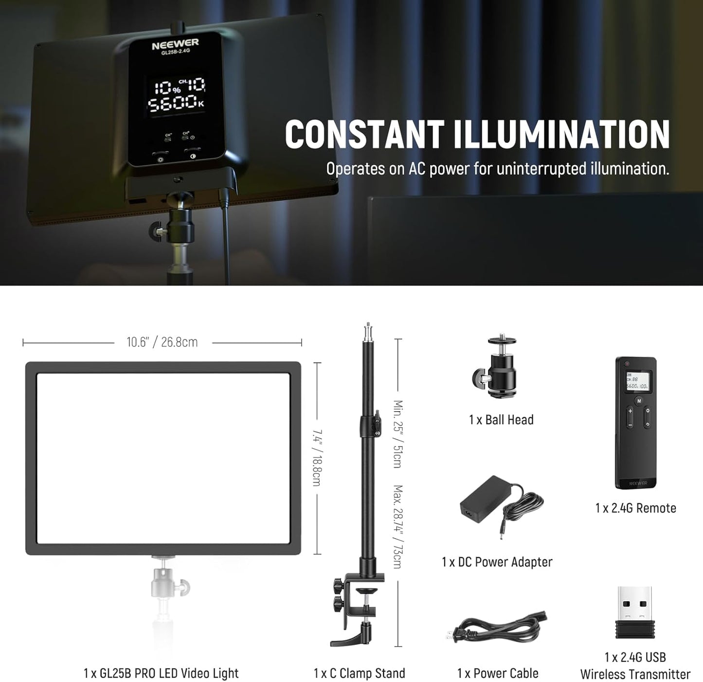Neewer GL25B 12.9" Streaming Key Light with Remote