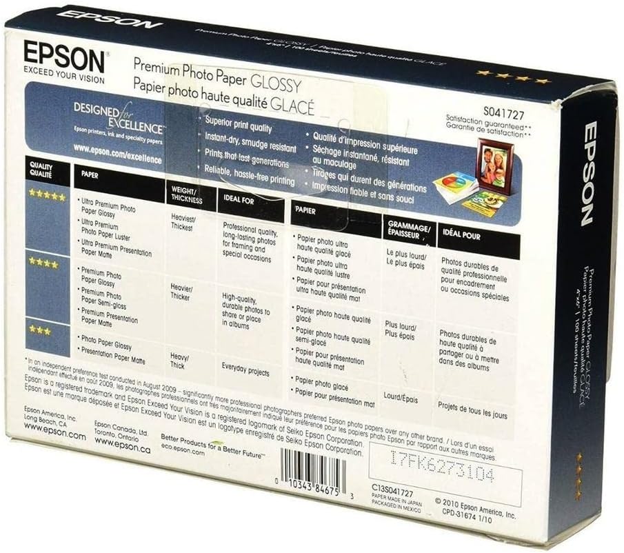 Epson S041727 Premium Glossy Photo Paper 4x6 100 Sheets
