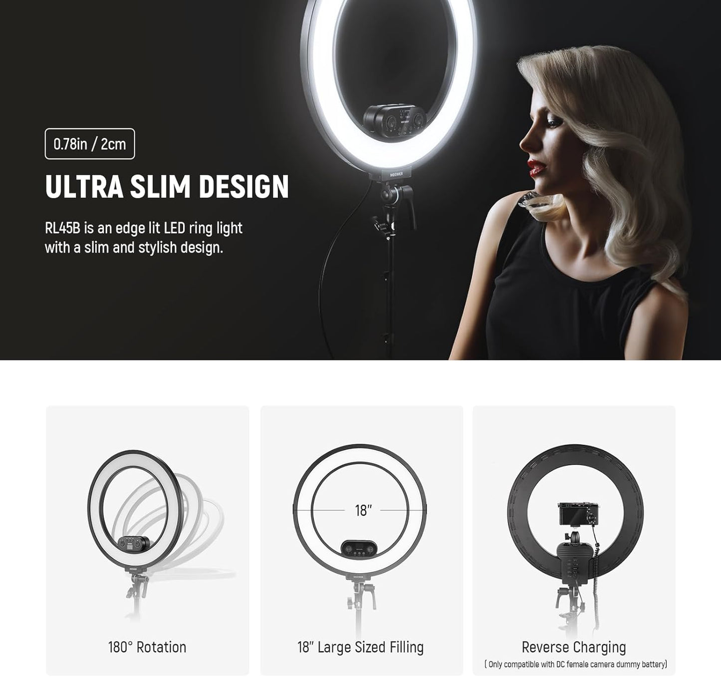 Neewer RL45B 18" Edge Lit Dimmable Ring Light Kit