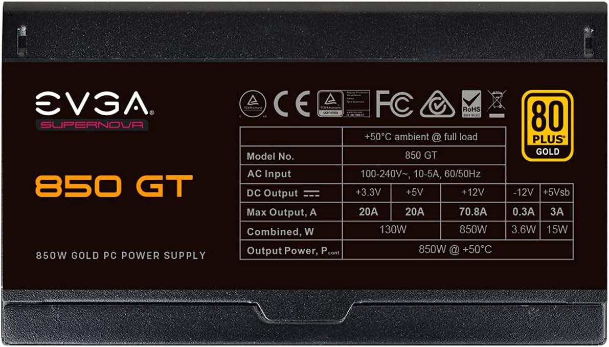 EVGA 220-GT-0850-Y1 850 GT 850W 80+ Gold Fully Modular Power Supply
