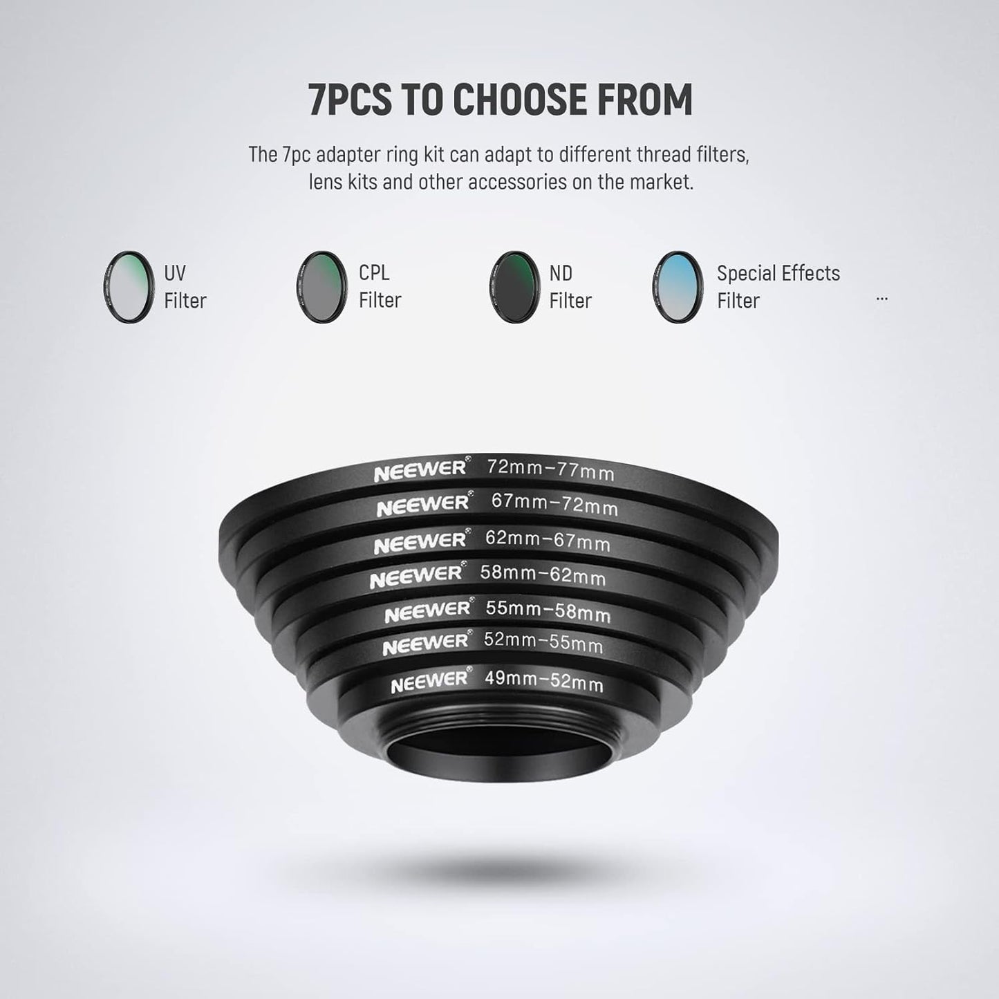 Neewer 10026816 Step Up Rings Filter Adapter Set