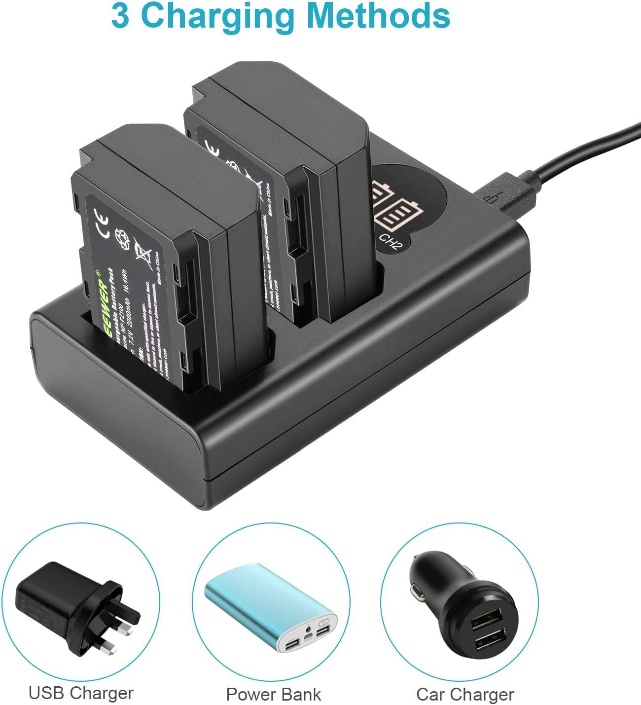 NEEWER NP-FZ100 2-Pack Battery Charger LCD for Sony Cameras