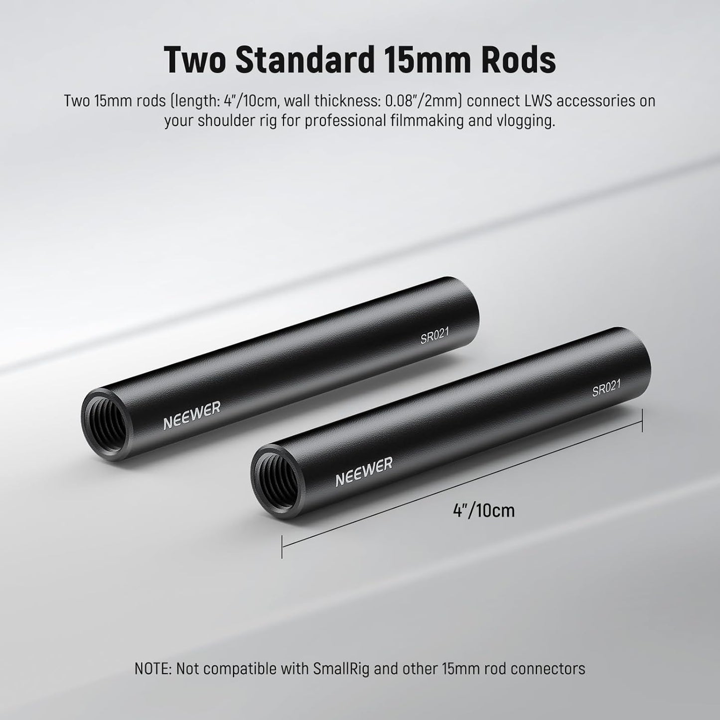 Neewer 10104674 15mm Rods 4"/10cm Extension 2-Pack