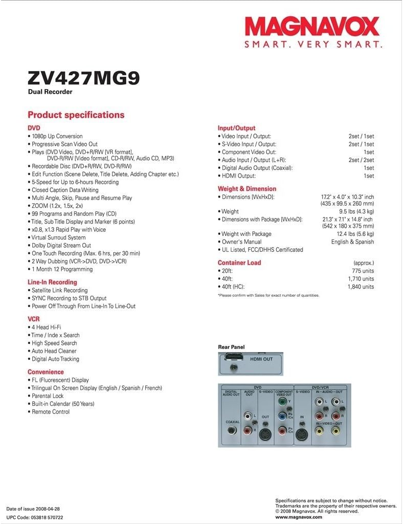Magnavox ZV427MG9 DVD Recorder VCR Combo Player