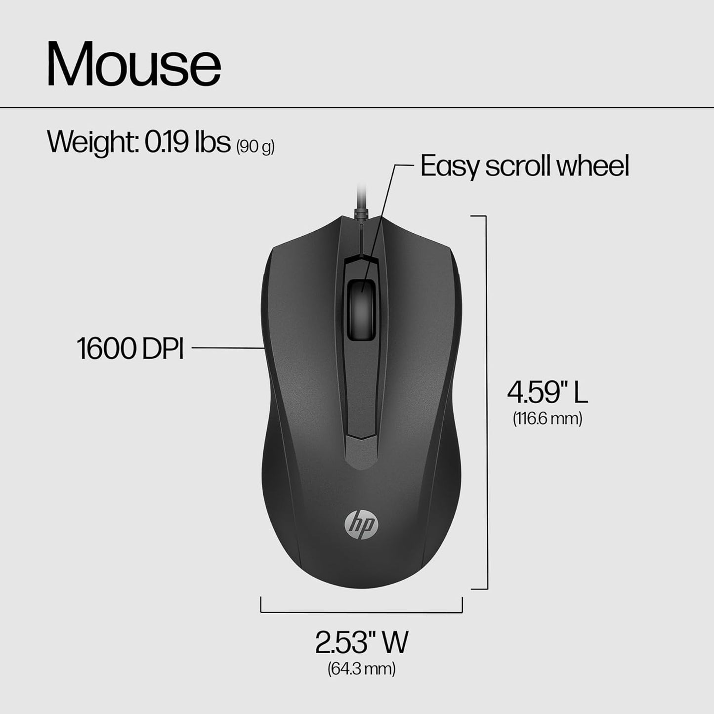 HP 6VY96AA#ABA Wired Mouse 100 1600 DPI USB Ambidextrous