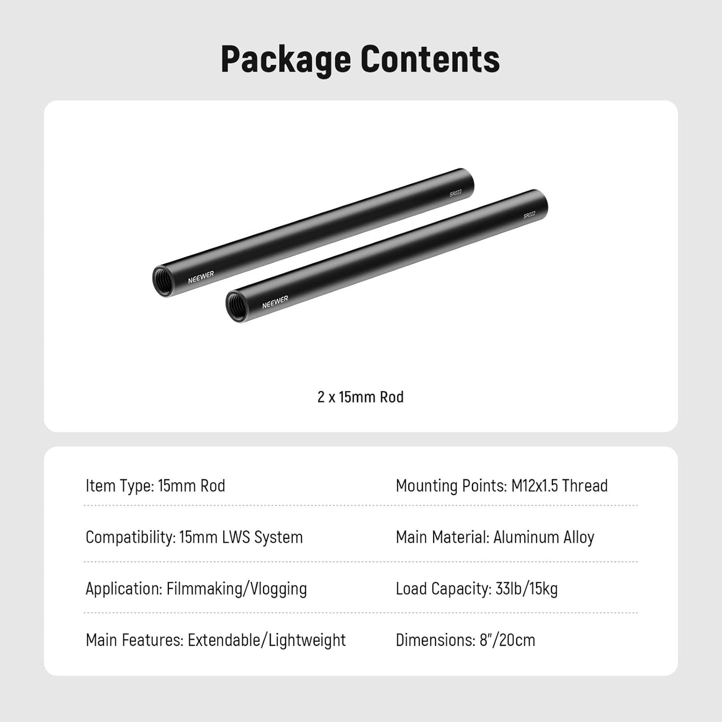 Neewer 10104675 15mm Rods - 8-inch Extension - 2-Pack