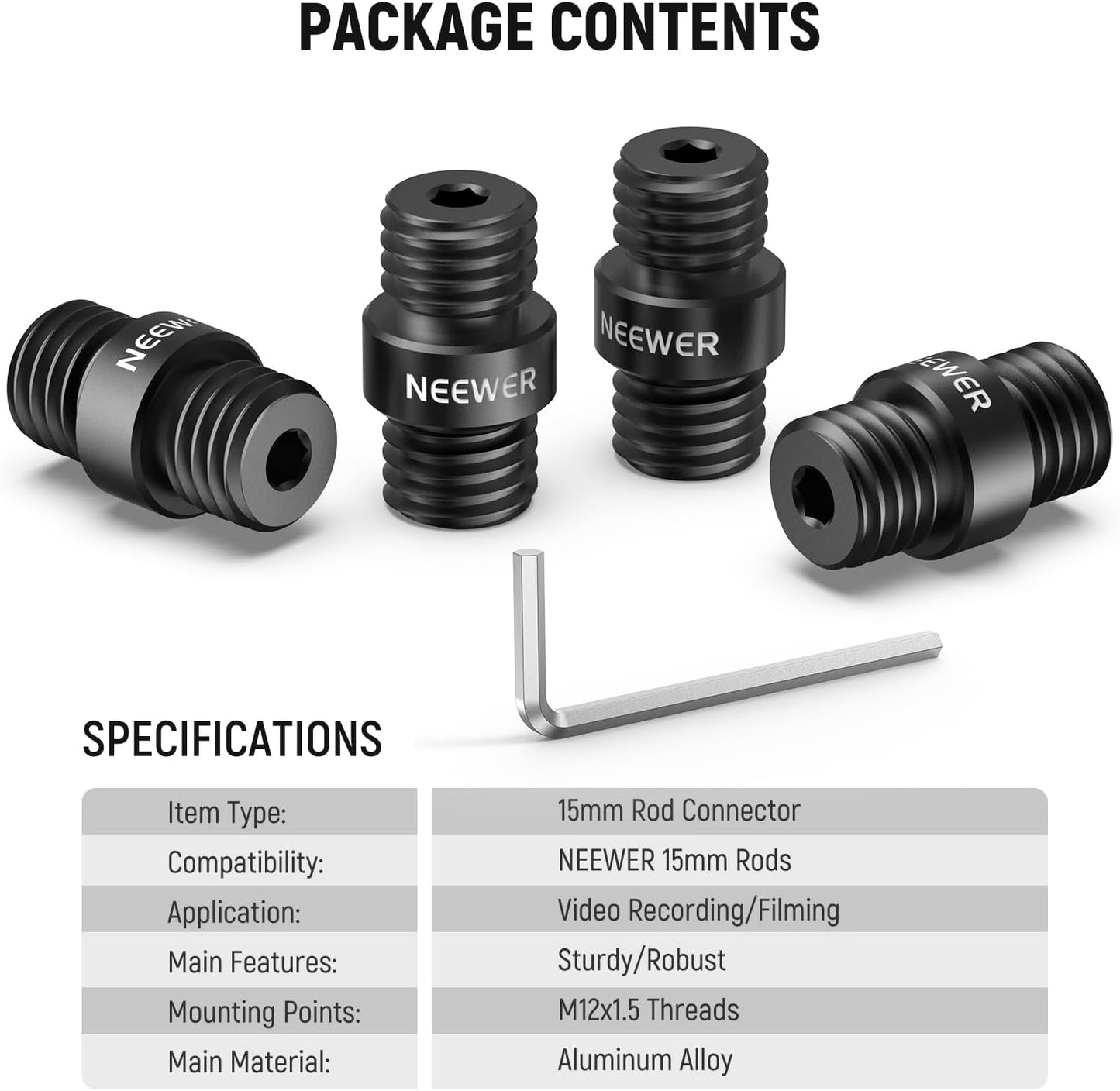 Neewer SR020 15mm Rod Connector - M12x1.5 Extension (4 Pack)