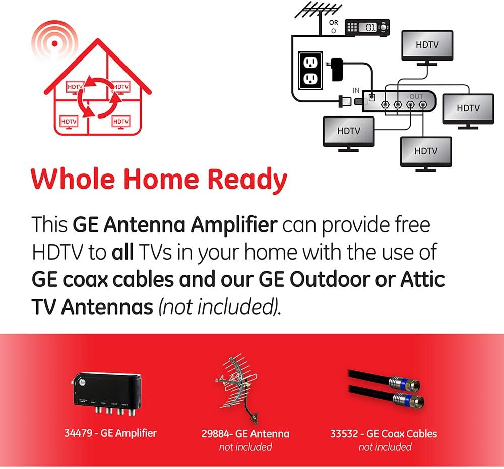 GE 34479 4-Way HD Digital TV Antenna Amplifier