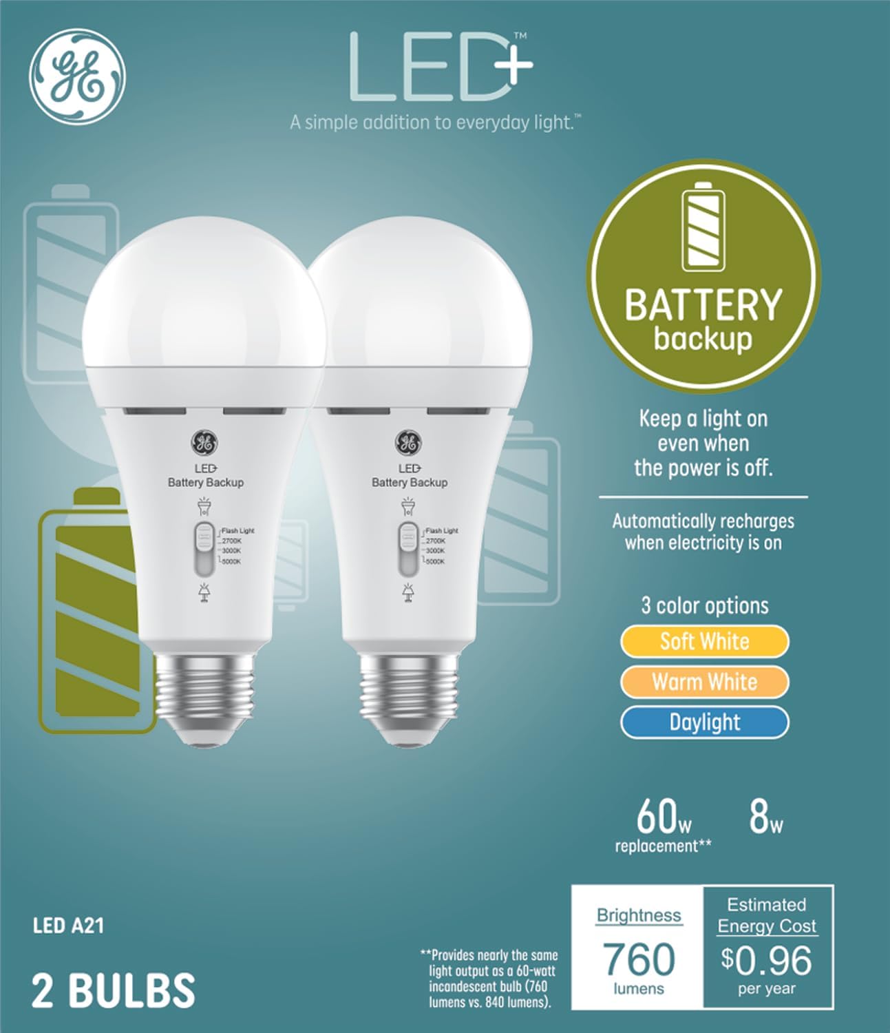 GE 93131819 LED+ Backup Battery Light Bulbs, 2-Pack