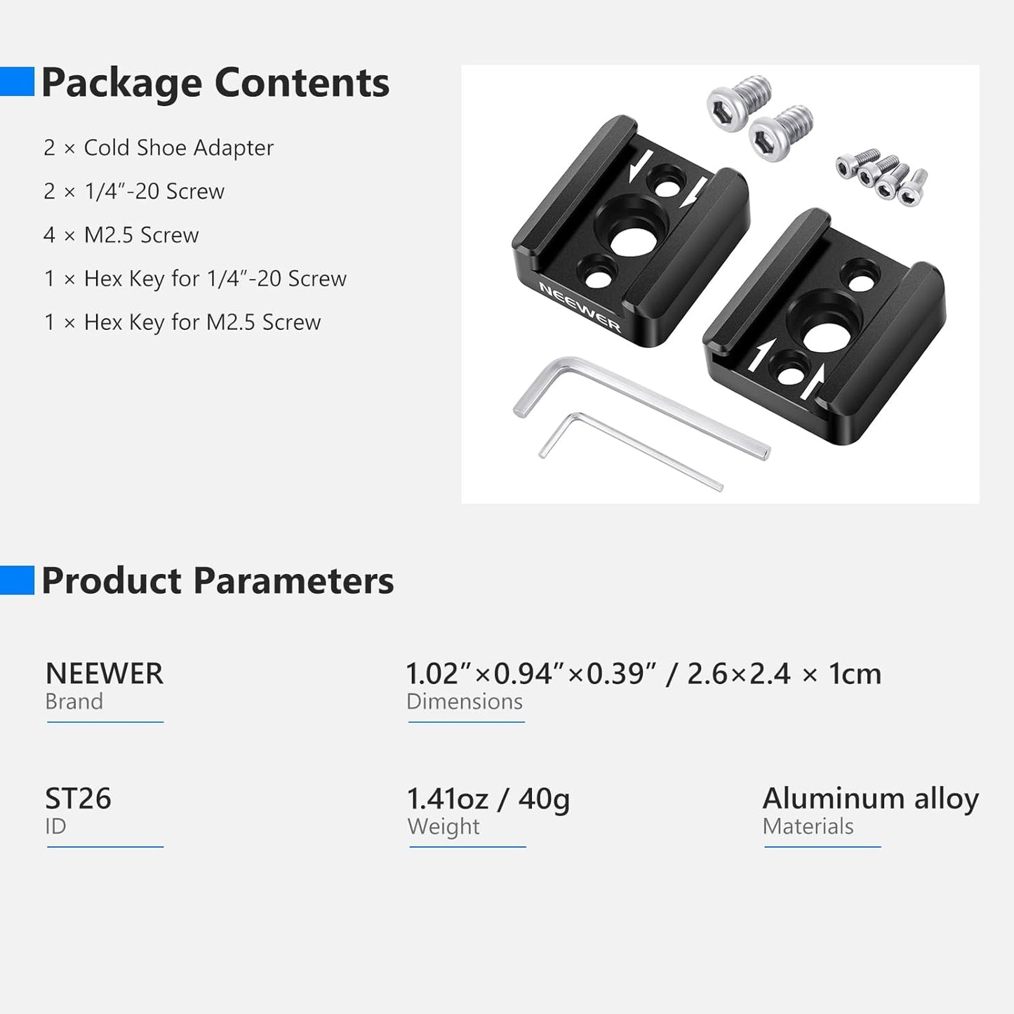Neewer ST26 Cold Shoe Mount Adapter 2-Pack 1/4" Thread