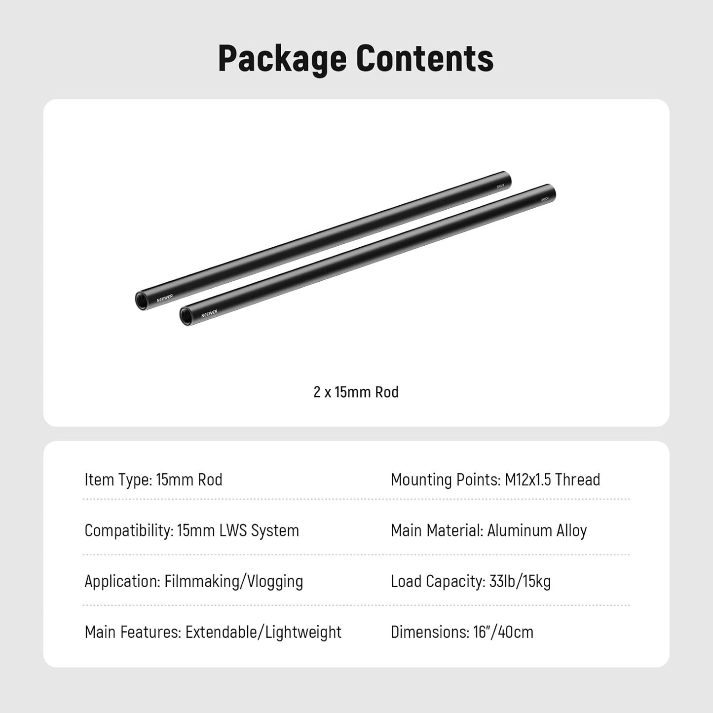 Neewer 10104677 15mm Rods for Camera Rig