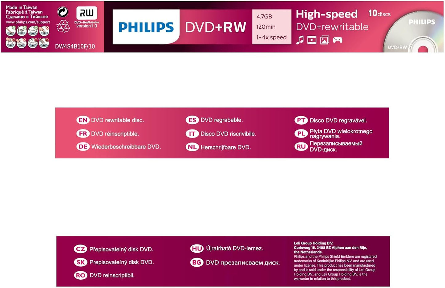 Philips DVD+RW 4.7GB 4X Spindle 10 Pack