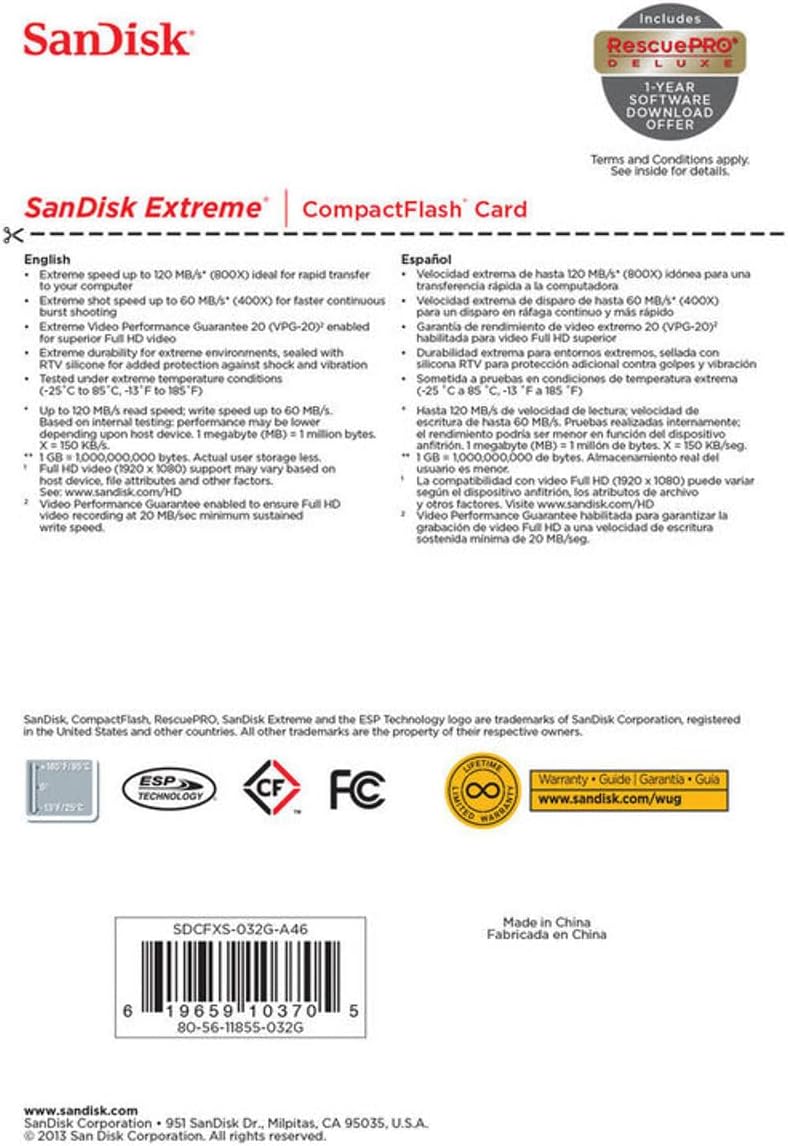 SanDisk SDCFXSB-032G-G46 32GB Extreme CF Card