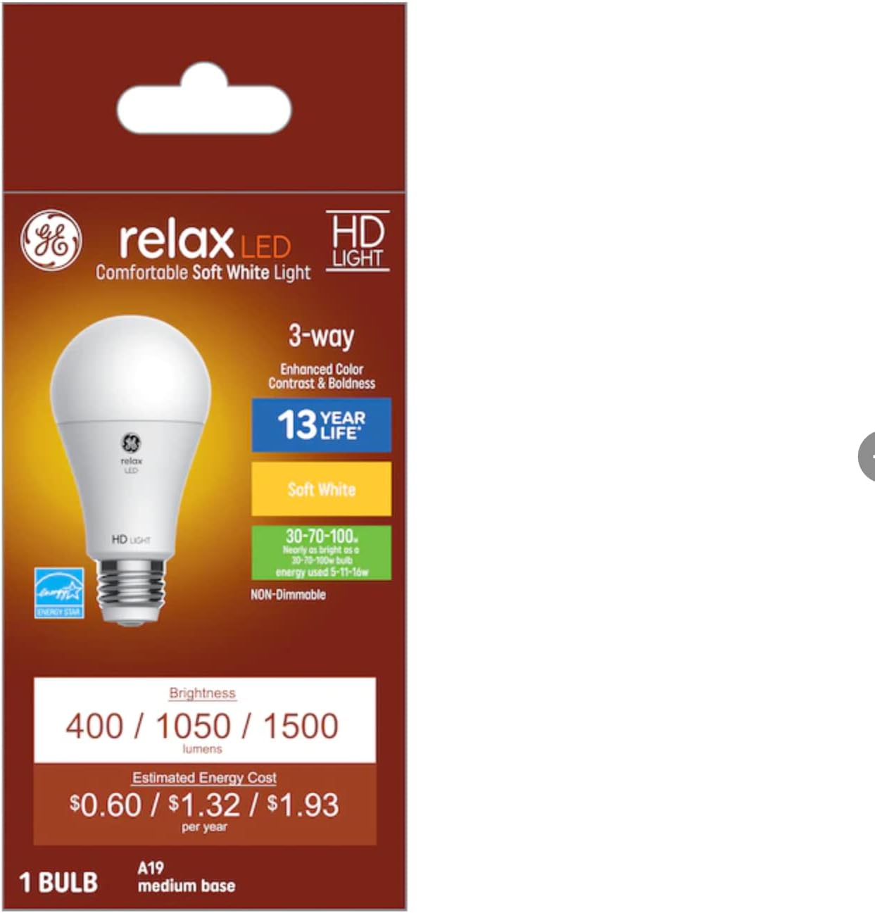 GE Relax LED 3-Way A19 Soft White Light Bulb