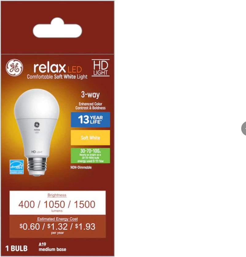 GE Relax LED 3-Way A19 Soft White Light Bulb — main product image