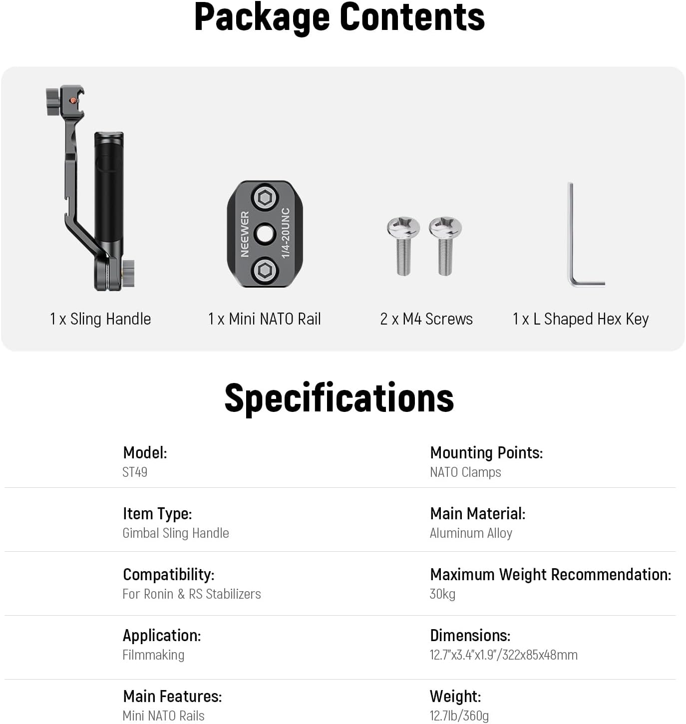 Neewer 10104118 Gimbal Sling: DJI Ronin Handle Grip with NATO Rail