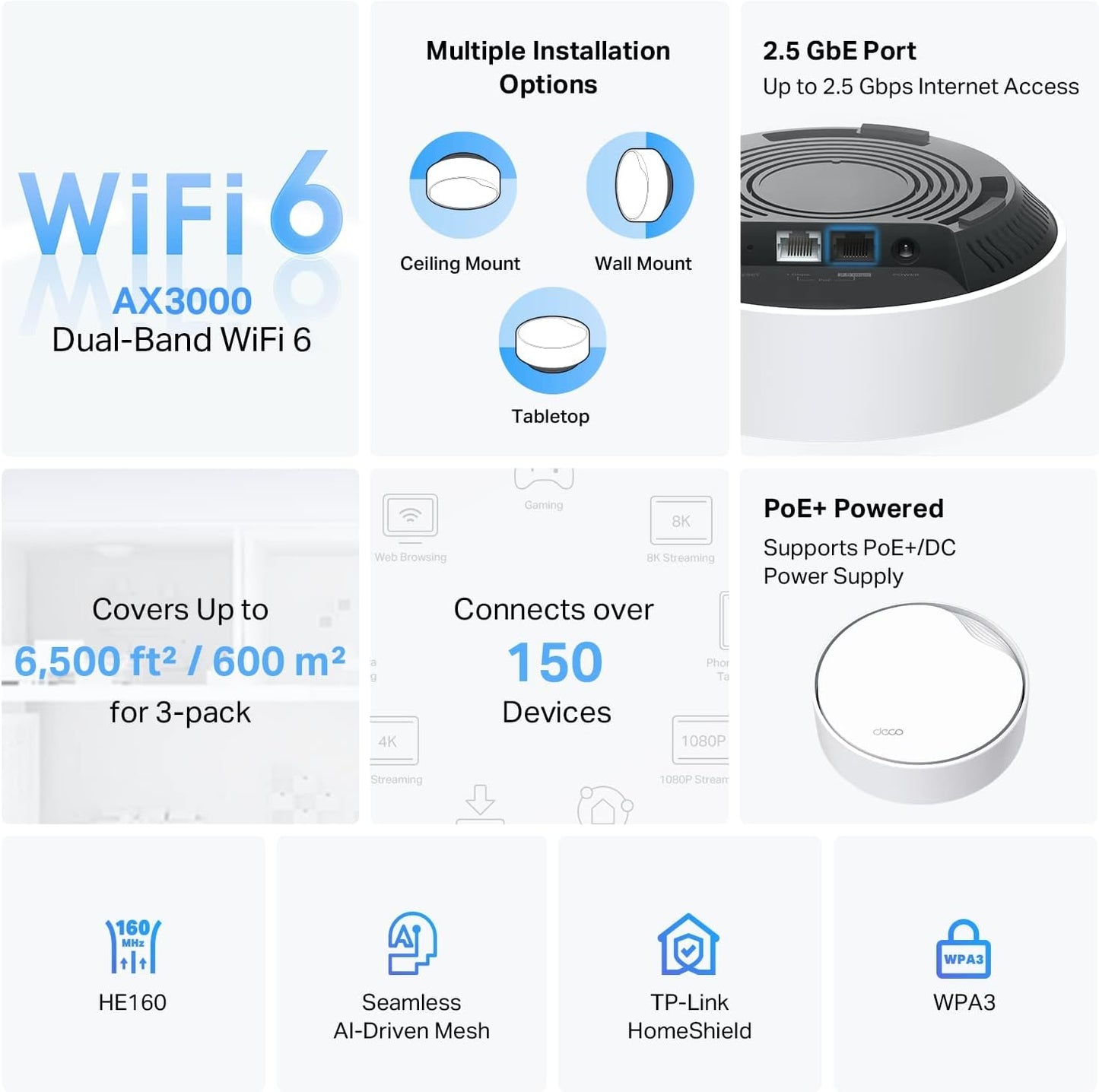 TP-Link Deco X50-PoE(3-pack) AX3000 PoE Mesh WiFi System