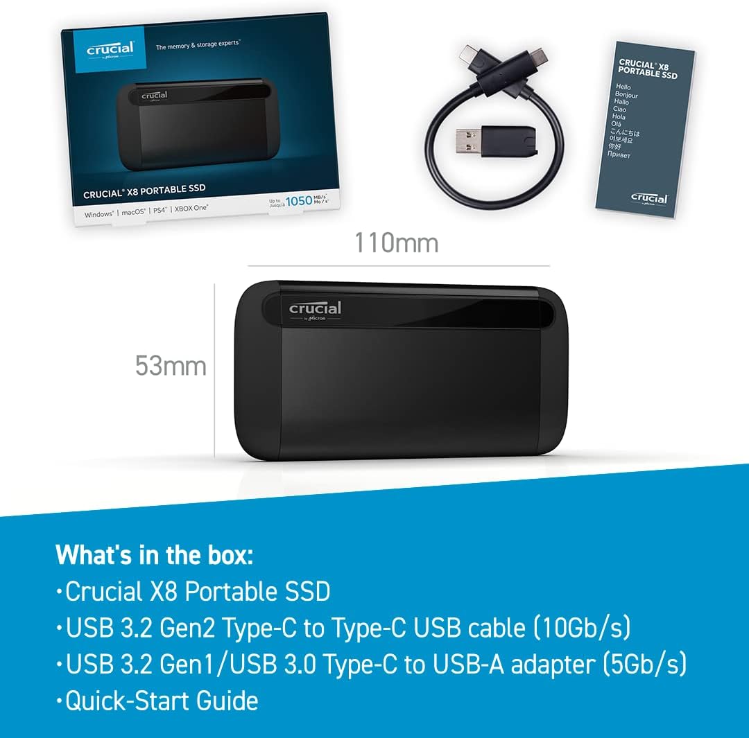 Crucial CT4000X8SSD9 4TB Portable SSD: USB 3.2, Up to 1050MB/s