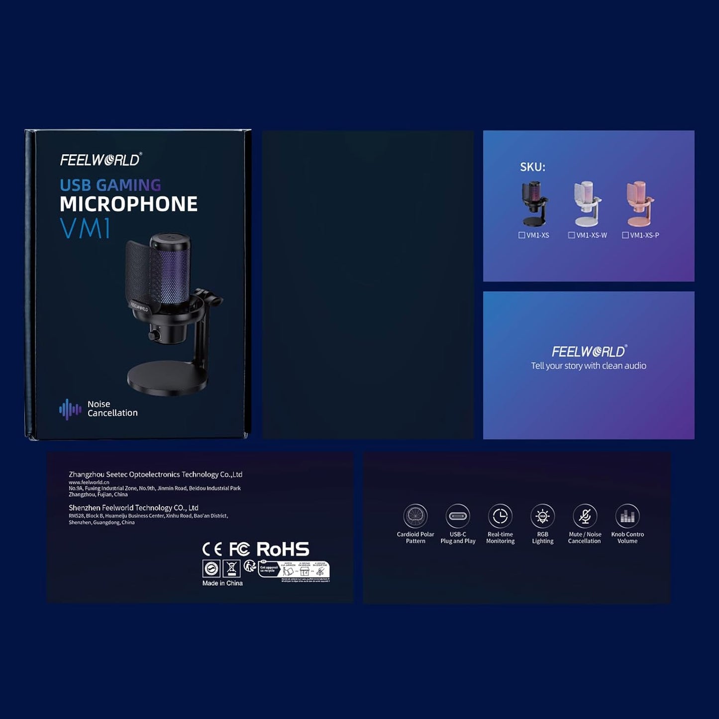 FEELWORLD VM1 Gaming Mic - USB Condenser Microphone with RGB