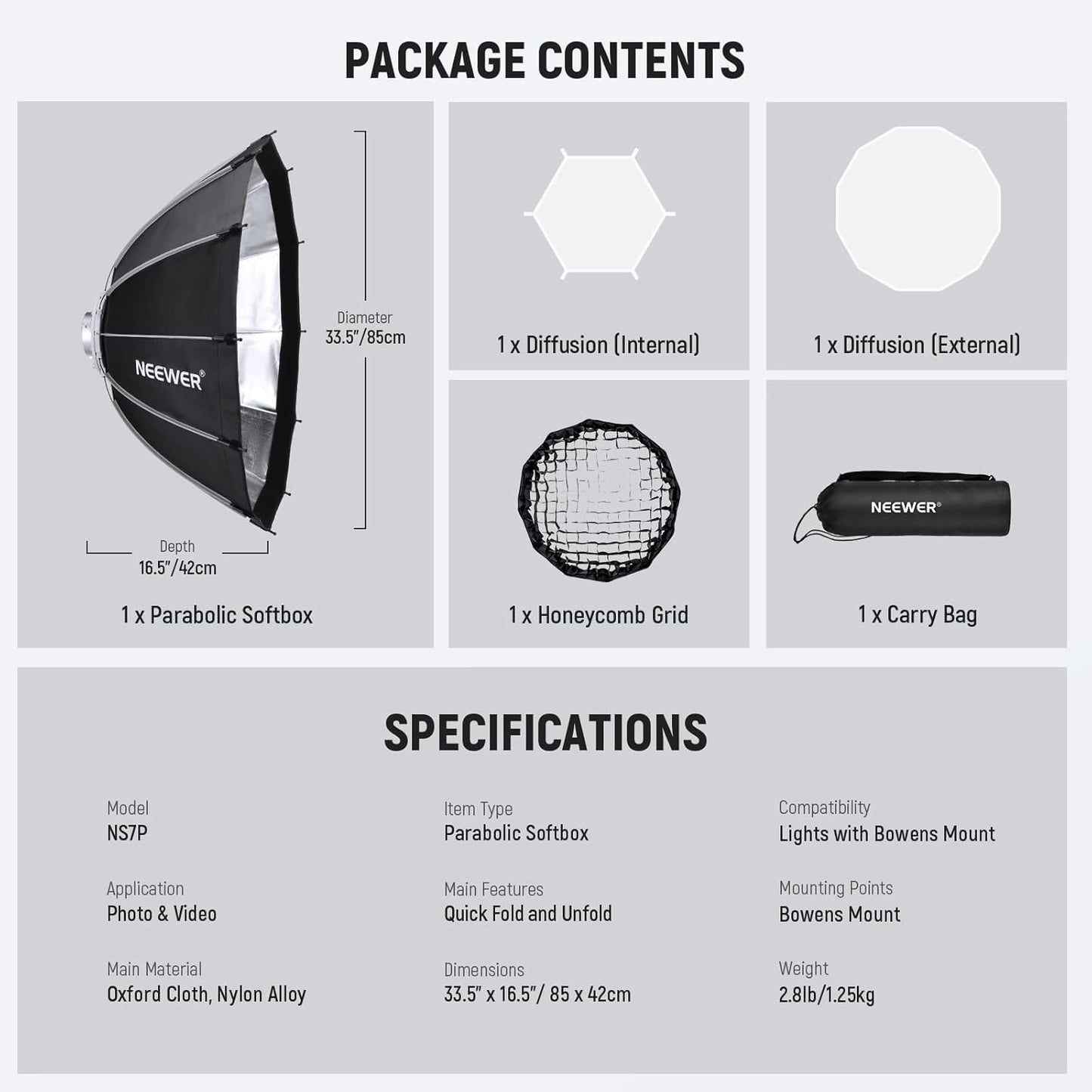 Neewer NS7P 85cm Bowens Mount Parabolic Softbox