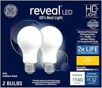 GE Reveal LED A19 100W Equivalent Dimmable 2-Pack